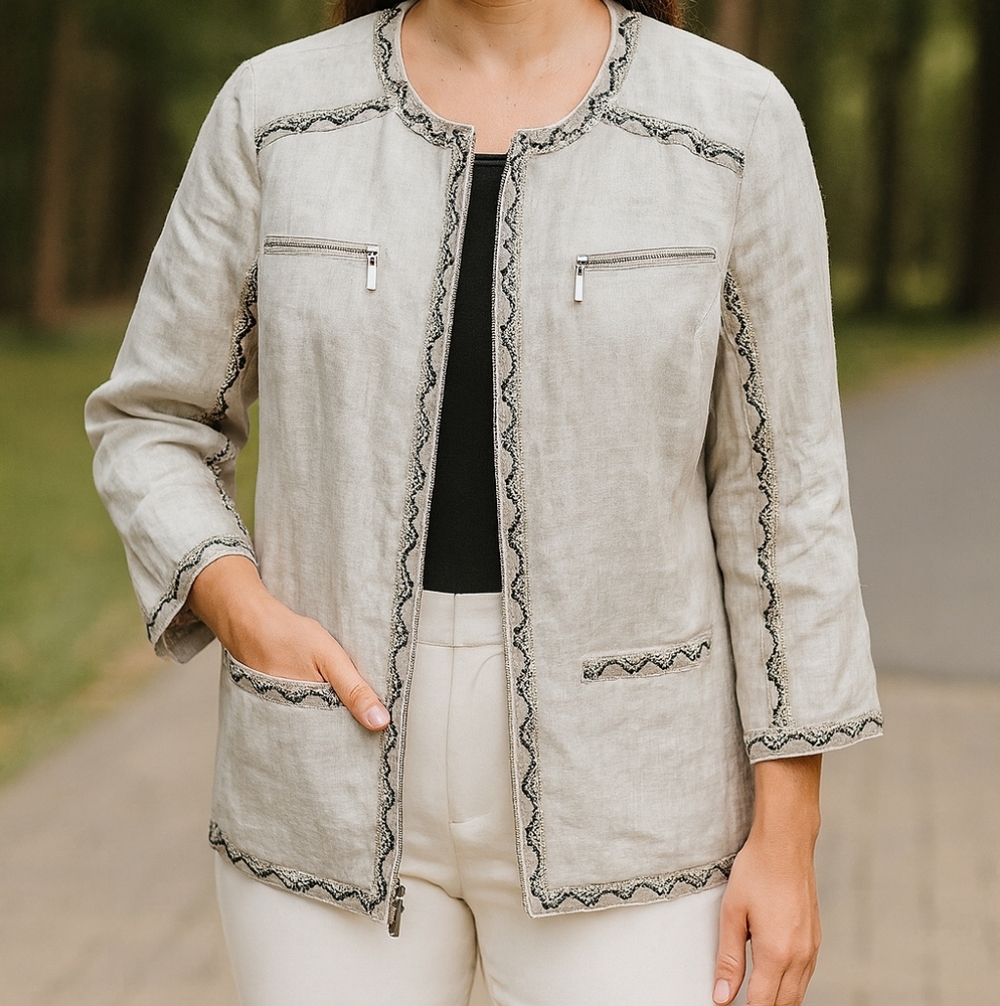Chico's Linen Open Front Blazer Jacket Snake Skin 3/4 Sleeve Women's Size 1